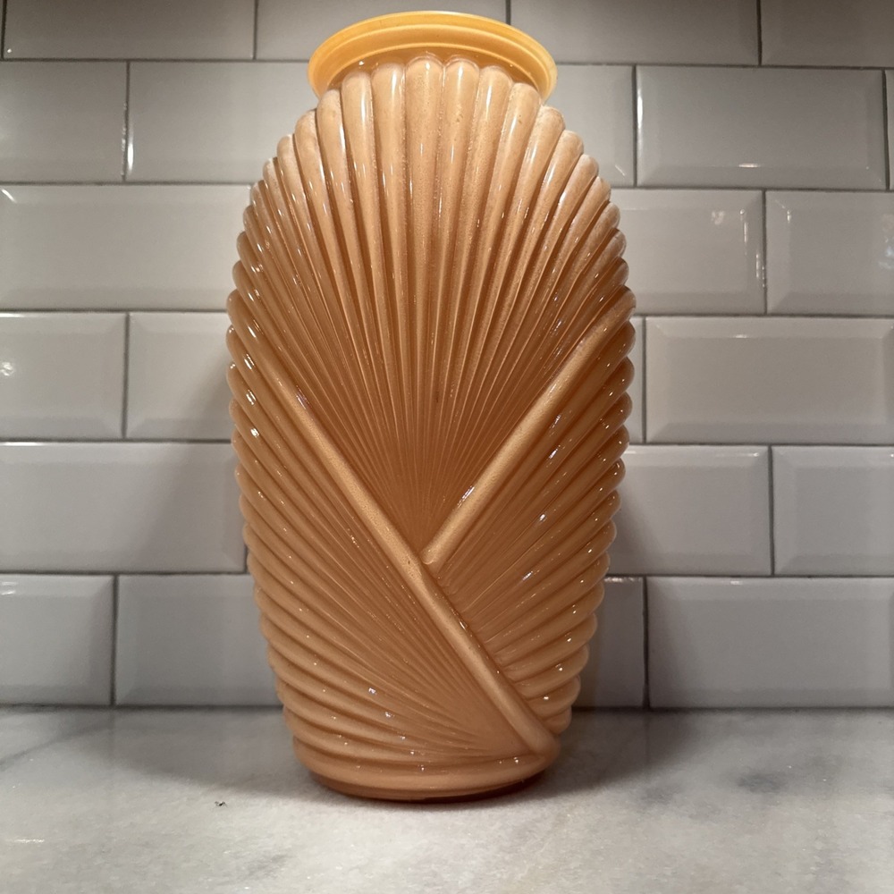 Vtg 1980's Anchor‎ Hocking Peach Salmon Ribbed Glass Vase 12.5" Art Deco
